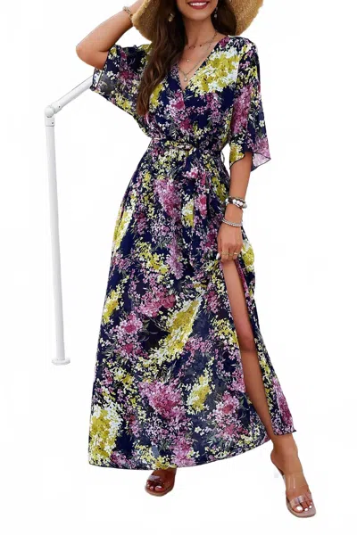 Trendsi Devine Printed Tied Half Sleeve Slit Dress In Purplish Blue Navy In Multi