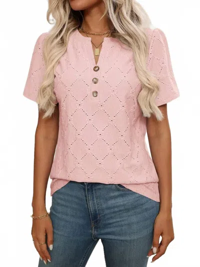 Trendsi Eyelet Notched Short Sleeve Top In Blush Pink In Multi