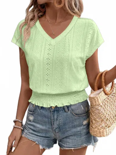 Trendsi Eyelet V-neck Short Sleeve Blouse In Gum Leaf In Green