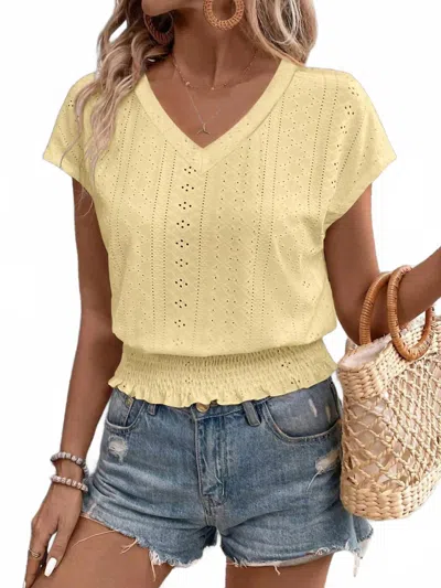 Trendsi Eyelet V-neck Short Sleeve Blouse In Light Yellow
