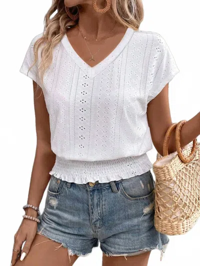 Trendsi Eyelet V-neck Short Sleeve Blouse In White