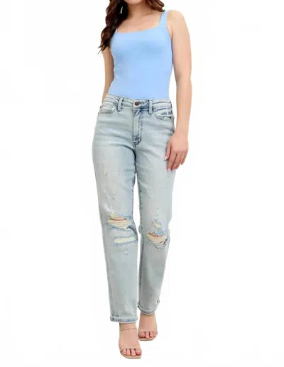 Trendsi Mr Repair Stitch Detail Destroy Single Cuff Bf Jeans - Plus In Light Blue
