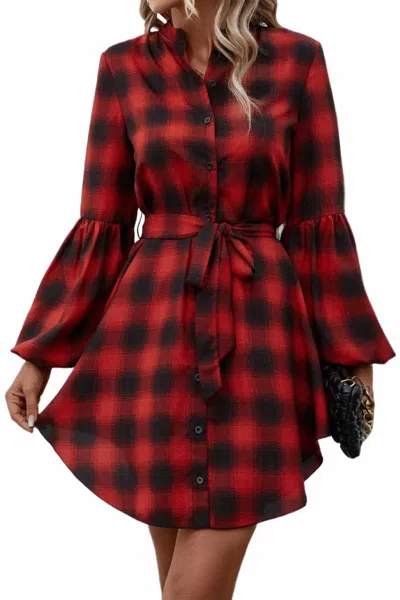 Trendsi Plaid Tie Waist Balloon Sleeve Mini Dress In Deep Red