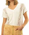 Trendsi Pol Inset Lace Outseam Detail Short Sleeve V-neck T-shirt In Ivory In Neutral