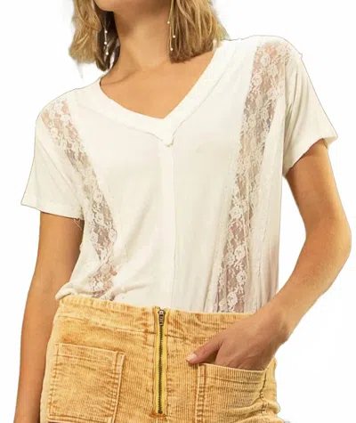 Trendsi Pol Inset Lace Outseam Detail Short Sleeve V-neck T-shirt In Ivory In Neutral