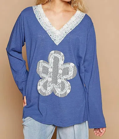 Trendsi Pol Lace Flower Patch Long Sleeve T-shirt In Royal Blue