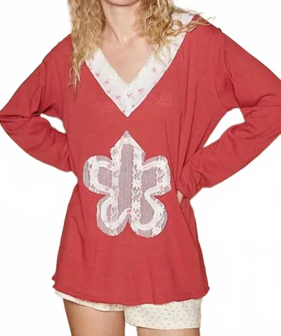 Trendsi Pol Lace Flower Patch Long Sleeve T-shirt In Scarlet In Red