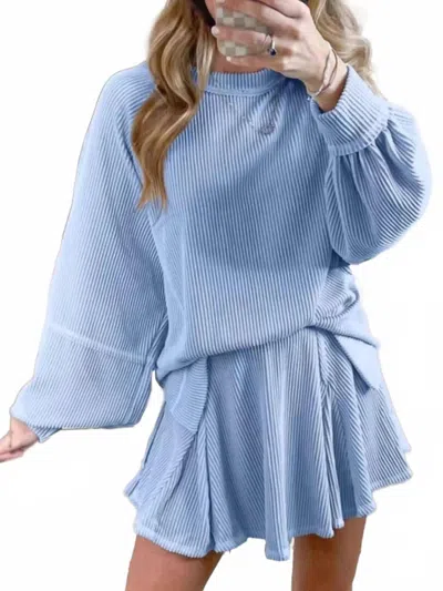 Trendsi Ribbed Knit Balloon Sleeve Top And Skirt Set In Blue
