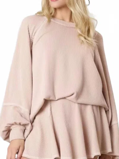 Trendsi Ribbed Knit Balloon Sleeve Top And Skirt Set In Off-white In Neutral