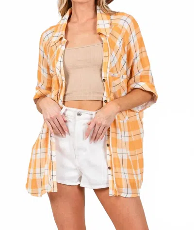 Trendsi Sage + Fig Plaid Button Up Side Slit Shirt In Apricot In Yellow