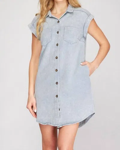 Trendsi She + Sky Full Size Folded Cuff Button Down Washed Twill Shirt Dress Plus Size In Blue Grey