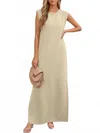 Trendsi Slit Round Neck Sleeveless Maxi Tank Dress In Khaki In Neutral