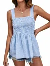 Trendsi Smocked Plaid Square Neck Tank Top In Blue In Blue