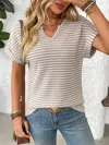 Trendsi Striped Notched Short Sleeve T-shirt In Mocha In Multi