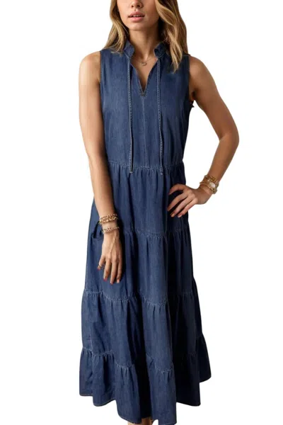 Trendsi Tie Neck Denim Dress In Dark Wash In Blue