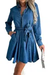 Trendsi Tied Half Button Long Sleeve Denim Dress In Dusty Blue In Multi