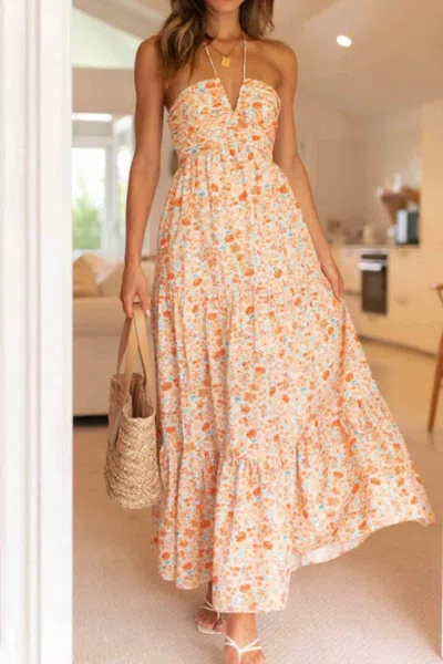 Trendsi Tiered Halter Neck Printed Cami Dress In Tangerine In Neutral