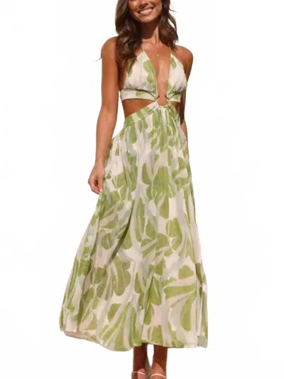 Trendsi Tropical Print Backless Maxi Sleeveless Dress In Light Green In Multi