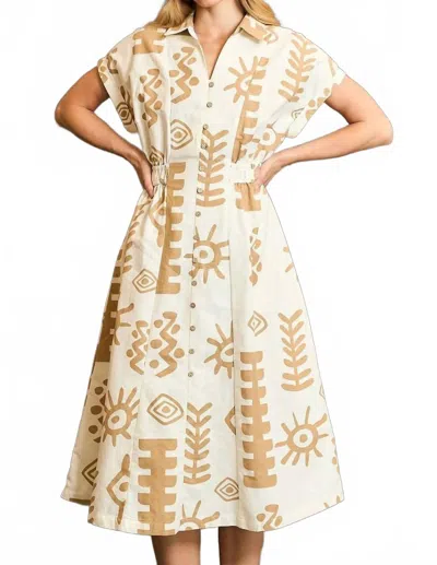 Trendsi Umgee Full Size Abstract Print Elastic Waist Midi Dress Plus Size In Tan In Neutral