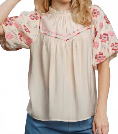 Trendsi Umgee Full Size Embroidered Puff Sleeve Mock Neck Top Plus Size In Cream In Neutral
