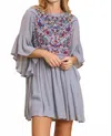 Trendsi Umgee Full Size Floral Embroidered 3/4 Bell Sleeve Keyhole Dress Plus Size In Gray In Blue