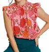 Trendsi Umgee Full Size Floral Print Ruffled Cap Sleeve Blouse Plus Size In Pink Mix In Pink