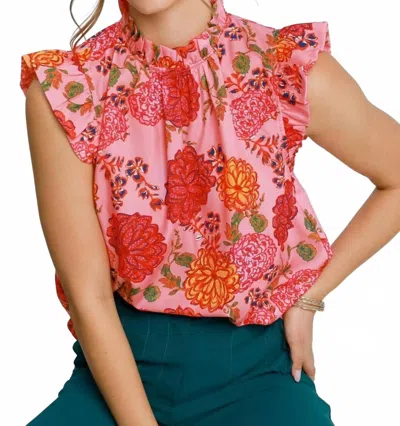 Trendsi Umgee Full Size Floral Print Ruffled Cap Sleeve Blouse Plus Size In Pink Mix