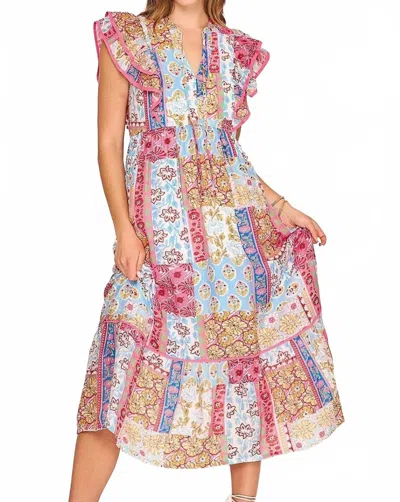 Trendsi Umgee Full Size Tie Neck Double Layered Ruffle Sleeve Midi Dress Plus Size In Pink Mix In Pattern