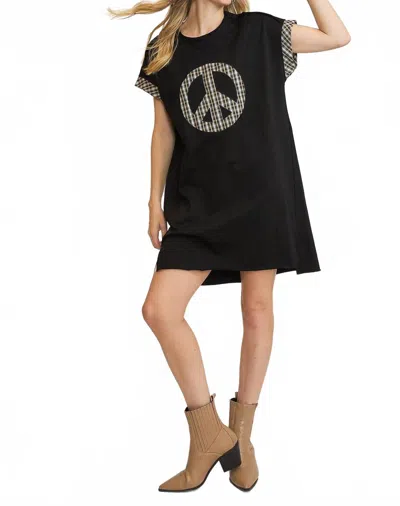 Trendsi Umgee Peace Plaid Applique Short Sleeve Mini Dress In Black