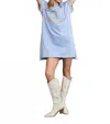 Trendsi Umgee Peace Plaid Applique Short Sleeve Mini Dress In Light Blue In Blue