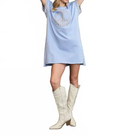 Trendsi Umgee Peace Plaid Applique Short Sleeve Mini Dress In Light Blue