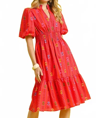 Trendsi Umgee Printed Midi Dress With Ruffled Hem In Red
