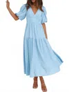 Trendsi V-neck Puff Sleeve Midi Dress In Light Blue In Blue