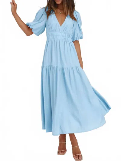 Trendsi V-neck Puff Sleeve Midi Dress In Light Blue