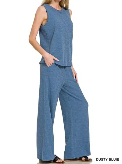 Trendsi Zenana Cotton Slub Tank & Pants Set In Dusty Blue