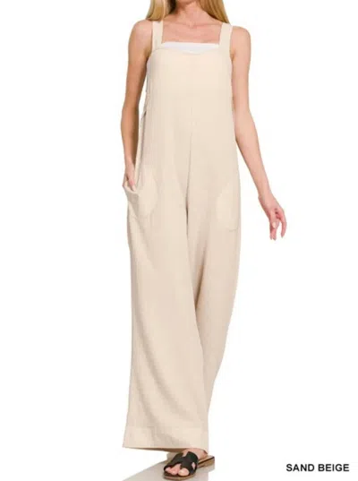 Trendsi Zenana Double Gauze Washed Wide Leg Overalls In Sand Beige In Brown