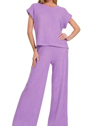Trendsi Zenana Rolled Sleeve Top And Pants Sweater Set In Lavender In Purple