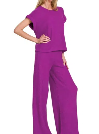 Trendsi Zenana Rolled Sleeve Top And Pants Sweater Set In Light Plum In Purple