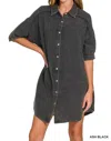 Trendsi Zenana Washed Double Gauze Button Down Shirt Dress In Ash Black In Black