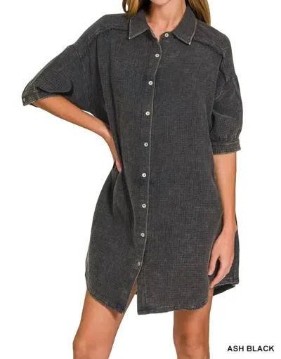 Trendsi Zenana Washed Double Gauze Button Down Shirt Dress In Ash Black