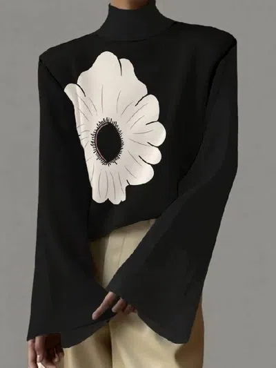 Trendy New Look Flared Sleeves Flower Print High-neck T-shirts Top In Black