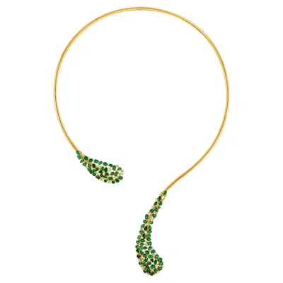 Pre-owned Tresor Collection Contemporary 18k Yellow Gold Emerald & Diamond Necklace, 7.36ct, Usa