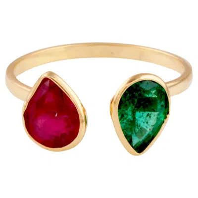Pre-owned Tresor Collection Emerald And Ruby Pear Shape Ring In 18k Yellow Gold, 2.32 Carats, Usa