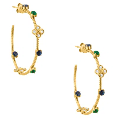 Pre-owned Tresor Collection Emerald, Blue Sapphire Round And Diamond Hoop Earring In 18k Yellow Gold