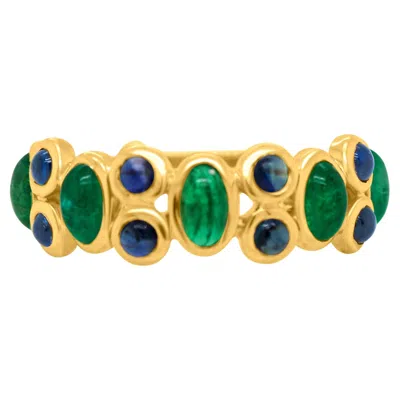 Pre-owned Tresor Collection Emerald Oval & Blue Sapphire Round Ring In 18k Yellow Gold