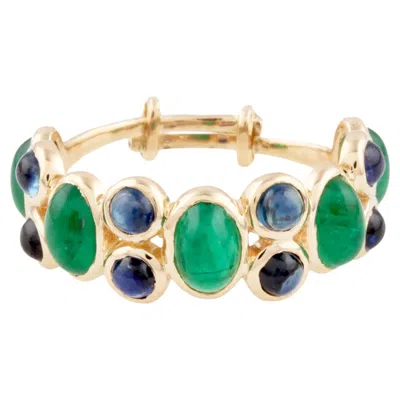 Pre-owned Tresor Collection Emerald Oval & Blue Sapphire Round Ring In 18k Yellow Gold