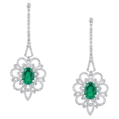 Pre-owned Tresor Collection Emerald Oval And Diamond Earring In 18k White Gold