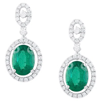 Pre-owned Tresor Collection Emerald Oval And Diamond Round Earring In 18k White Gold