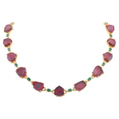 Pre-owned Tresor Collection Emerald Oval & Watermelon Tourmaline Unshape Necklace In 18k Yellow Gold