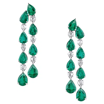 Pre-owned Tresor Collection Emerald Pear Shape And Diamond Dangle Earring In 18k White Gold